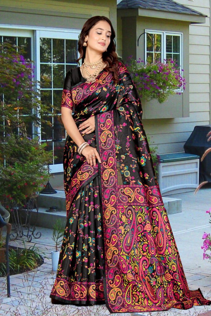 Black Semi Pashmina Silk Saree with Multicolored Weaving Work - Image 11
