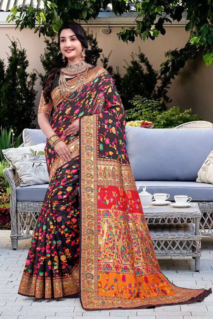 Kashmiri Pashmina Silk Sarees with Zari Border - Image 2