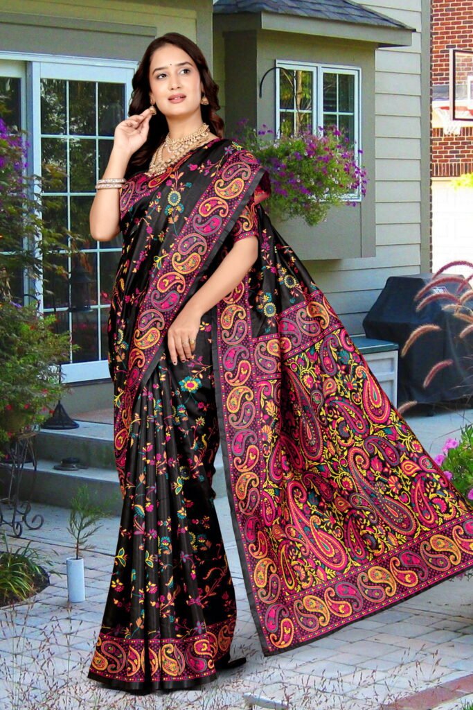 Black Semi Pashmina Silk Saree with Multicolored Weaving Work - Image 9