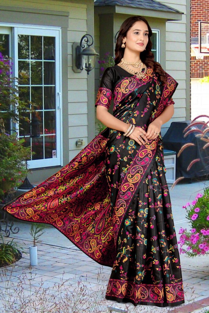 Black Semi Pashmina Silk Saree with Multicolored Weaving Work - Image 8