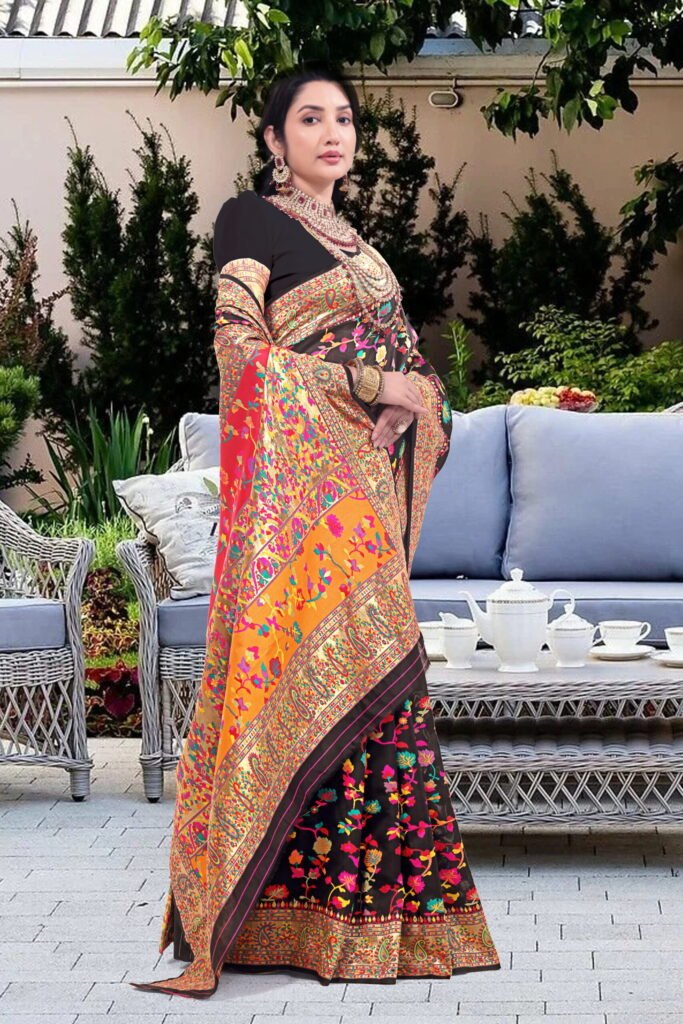 Kashmiri Pashmina Silk Sarees with Zari Border - Image 7
