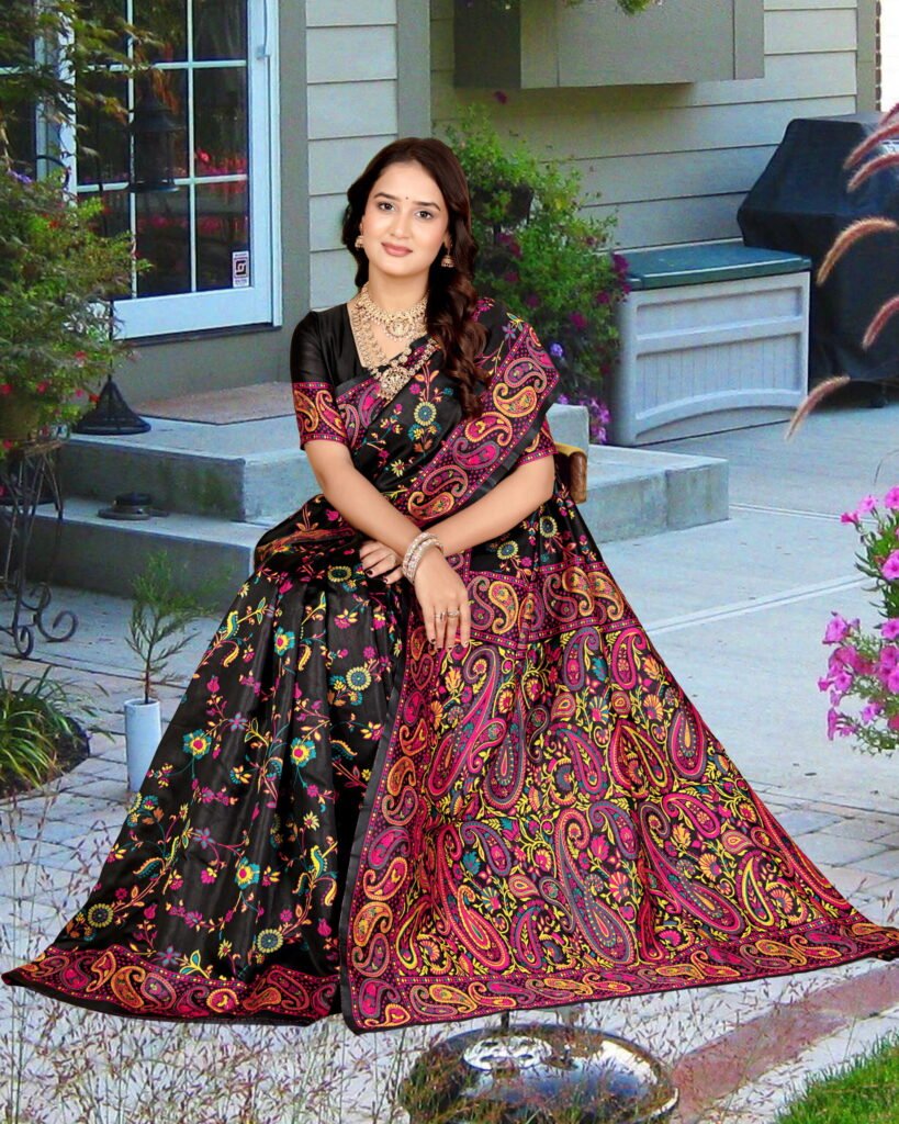 Black Semi Pashmina Silk Saree with Multicolored Weaving Work - Image 7