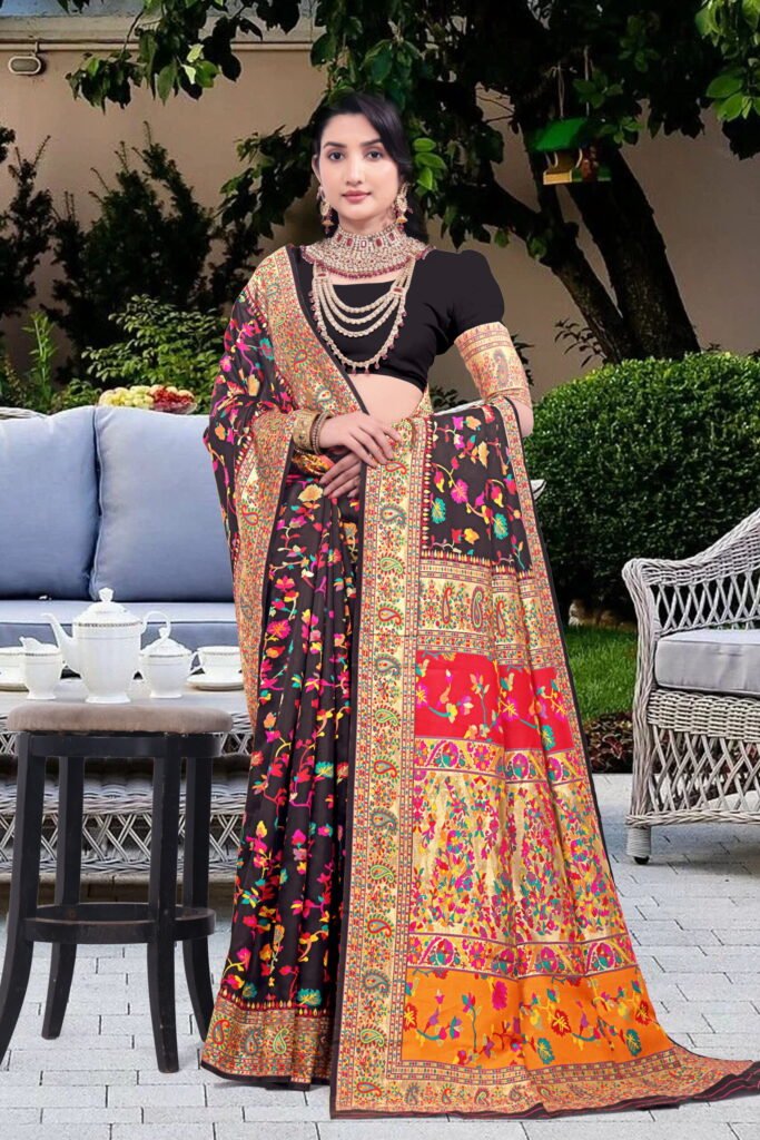 Kashmiri Pashmina Silk Sarees with Zari Border - Image 6