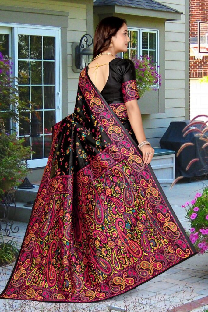 Black Semi Pashmina Silk Saree with Multicolored Weaving Work - Image 5