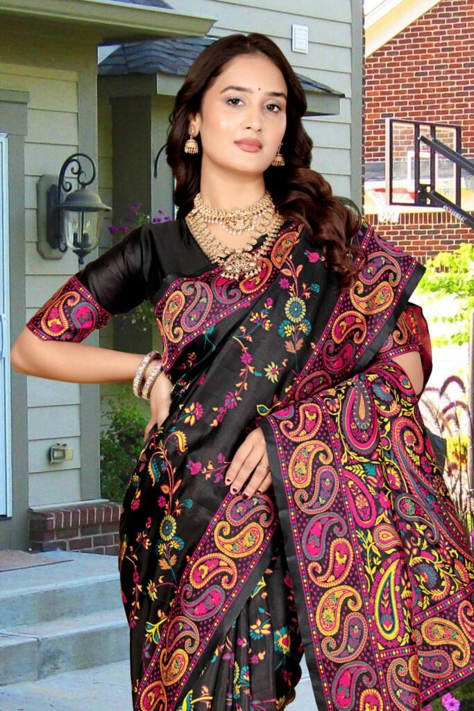 Black Semi Pashmina Silk Saree with Multicolored Weaving Work - Image 4
