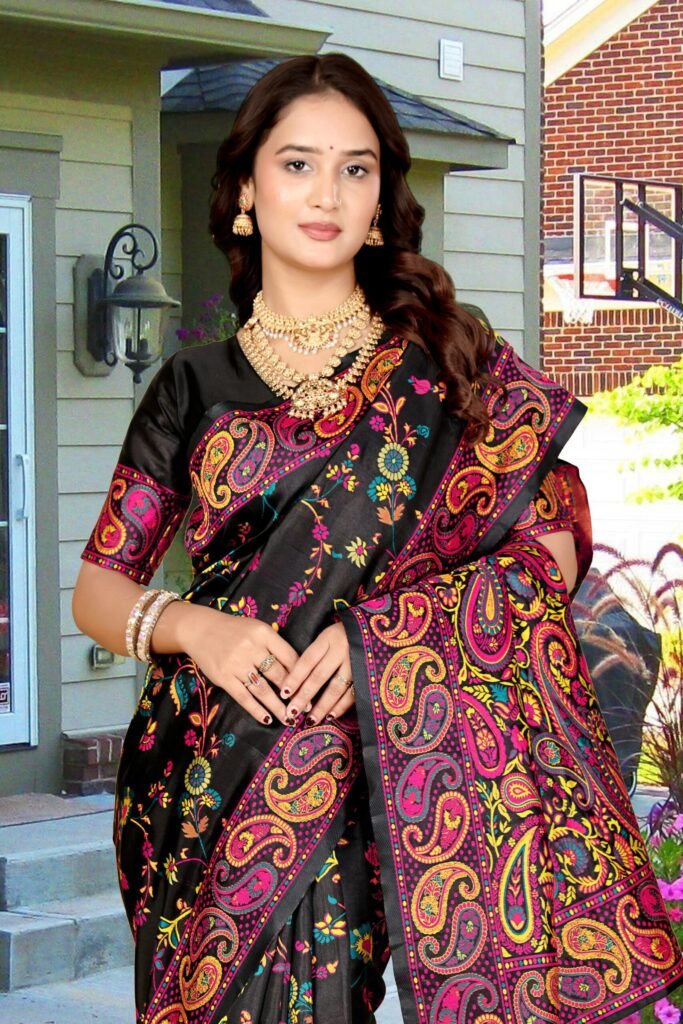 Black Semi Pashmina Silk Saree with Multicolored Weaving Work - Image 3