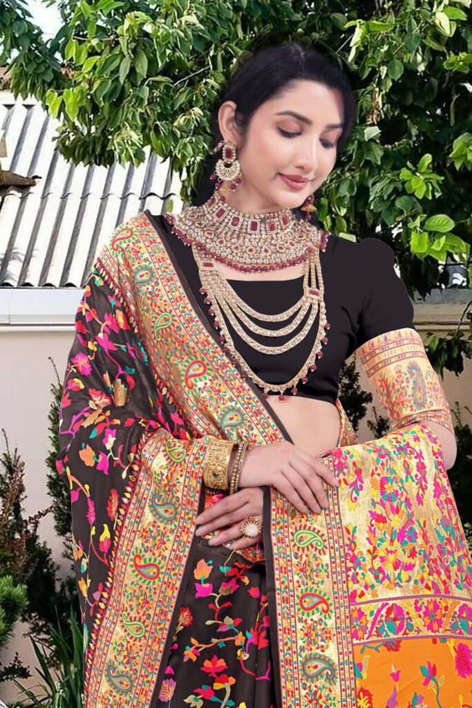 Kashmiri Pashmina Silk Sarees with Zari Border - Image 9