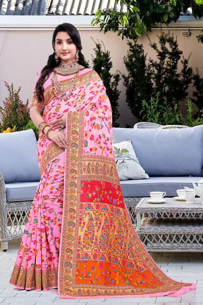 Kashmiri Pashmina Silk Sarees with Zari Border - Image 2
