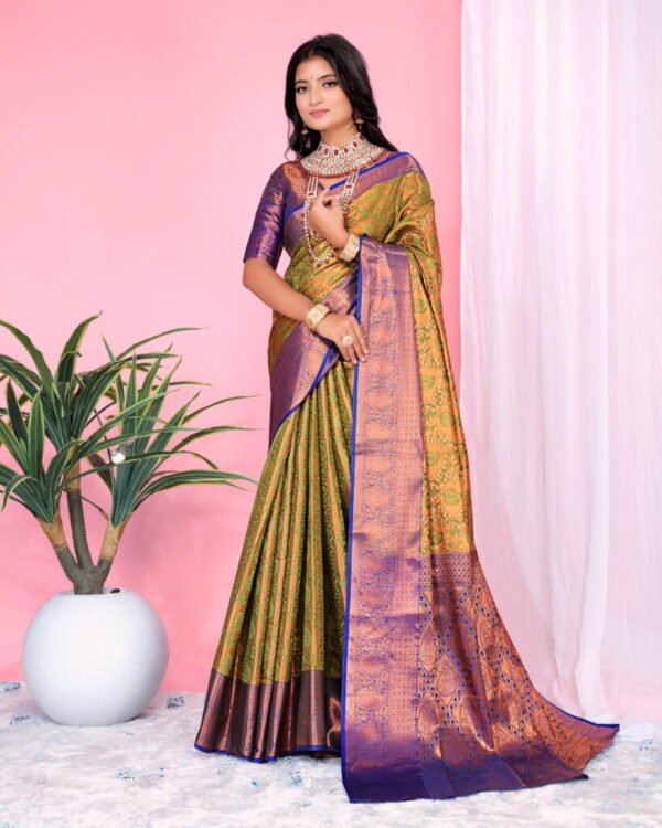 Regal Olive Green & Gold Banarasi Silk Saree with Royal Blue Border