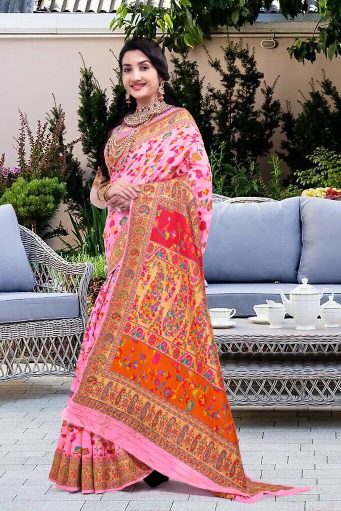 Kashmiri Pashmina Silk Sarees with Zari Border - Image 3