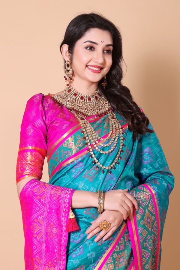 Patola Silk Saree with Zari Woven Work – Sky Blue & Pink Designer Saree