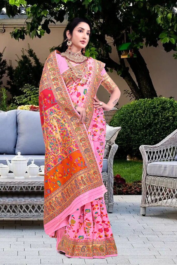 Kashmiri Pashmina Silk Sarees with Zari Border - Image 4