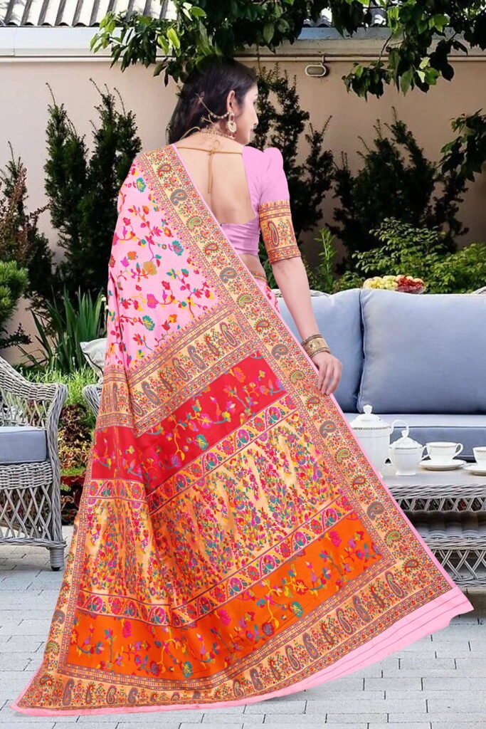 Kashmiri Pashmina Silk Sarees with Zari Border - Image 5