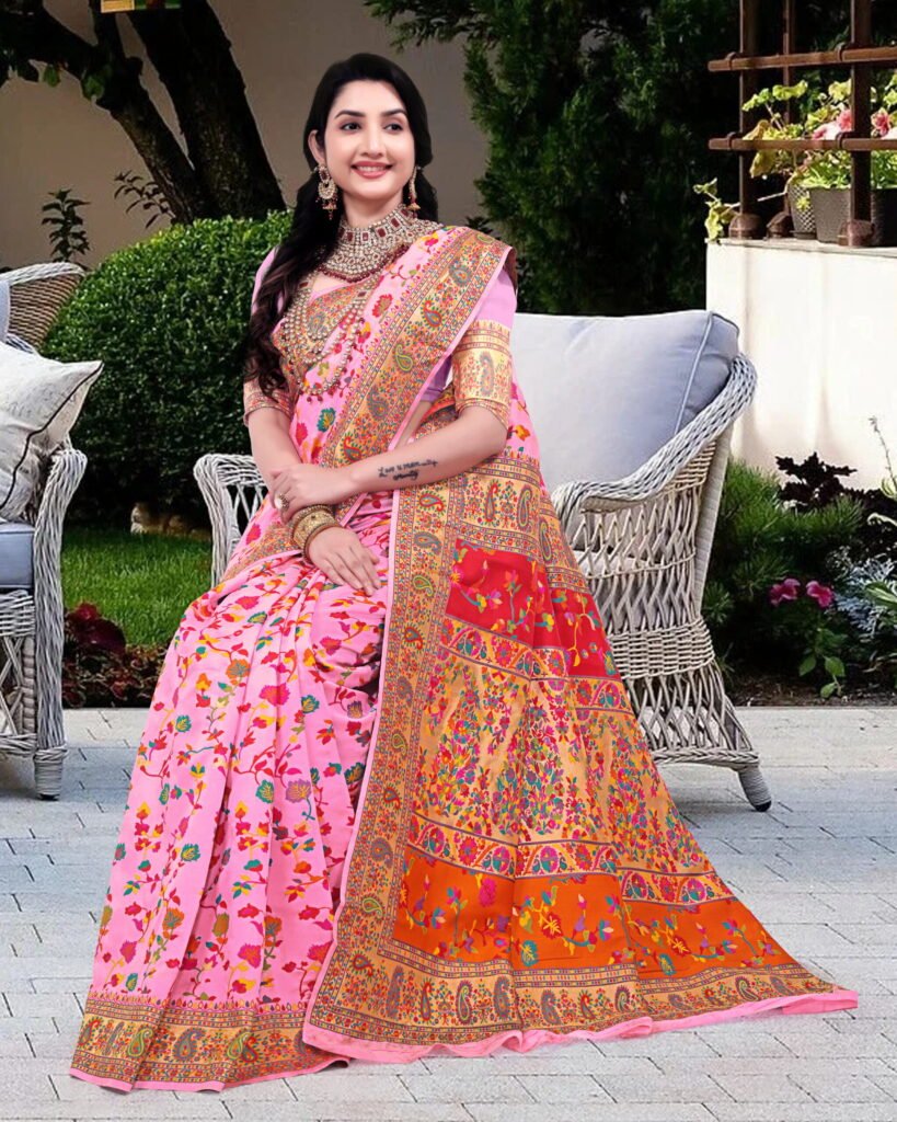 Kashmiri Pashmina Silk Sarees with Zari Border - Image 7