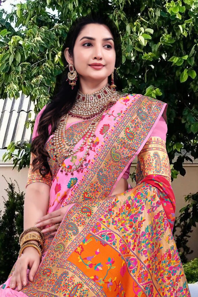 Kashmiri Pashmina Silk Sarees with Zari Border - Image 9
