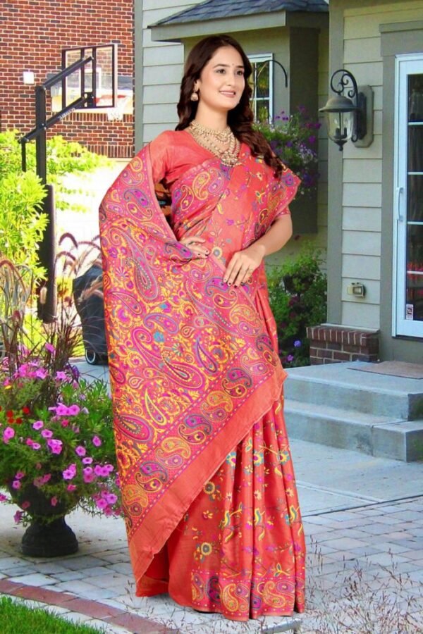 Peach Pink Semi Pashmina Silk Saree with Multicolor Thread Weaving Work