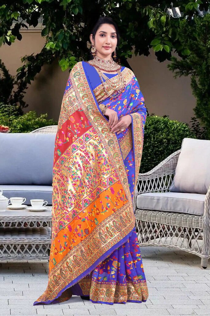 Kashmiri Pashmina Silk Sarees with Zari Border - Image 3