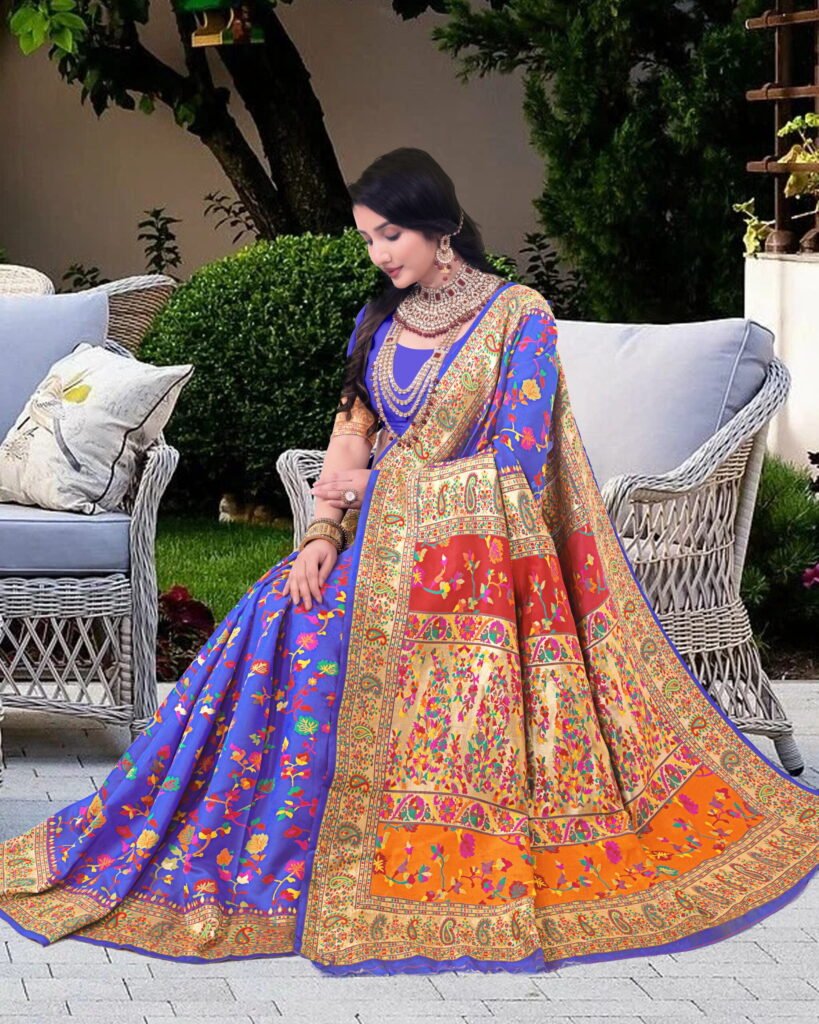 Kashmiri Pashmina Silk Sarees with Zari Border - Image 5