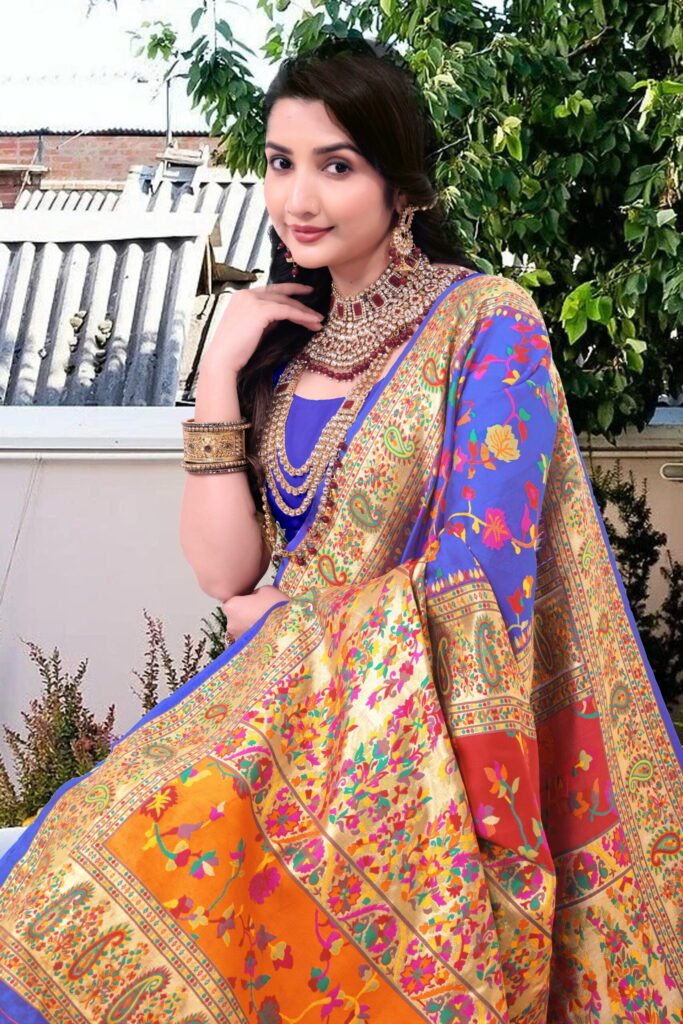 Kashmiri Pashmina Silk Sarees with Zari Border - Image 8