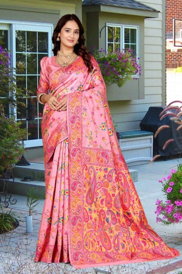 Pink Semi Pashmina Silk Saree with Multicolor Thread Weaving Work