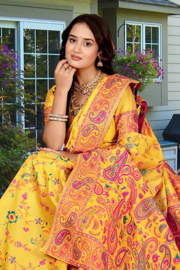 Yellow Semi Pashmina Silk Saree with Multicolor Thread Weaving Work