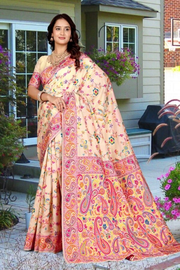 Chikoo Semi Pashmina Silk Saree with Multicolor Thread Weaving Work